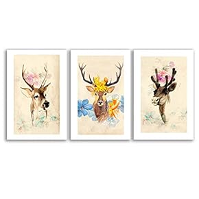 Graceful Flowery Forest Deer - 3 Panel Canvas Art