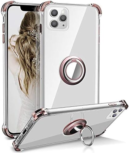 iPhone 11 Pro Case, Daupin Clear iPhone 11 Pro Case with 360 Rotatable Ring Kickstand Fit Metal Car Mount and Soft TPU Bumper PC Hard Back Protective Phone Case for iPhone 11 Pro 5.8 inch(Rose Gold)