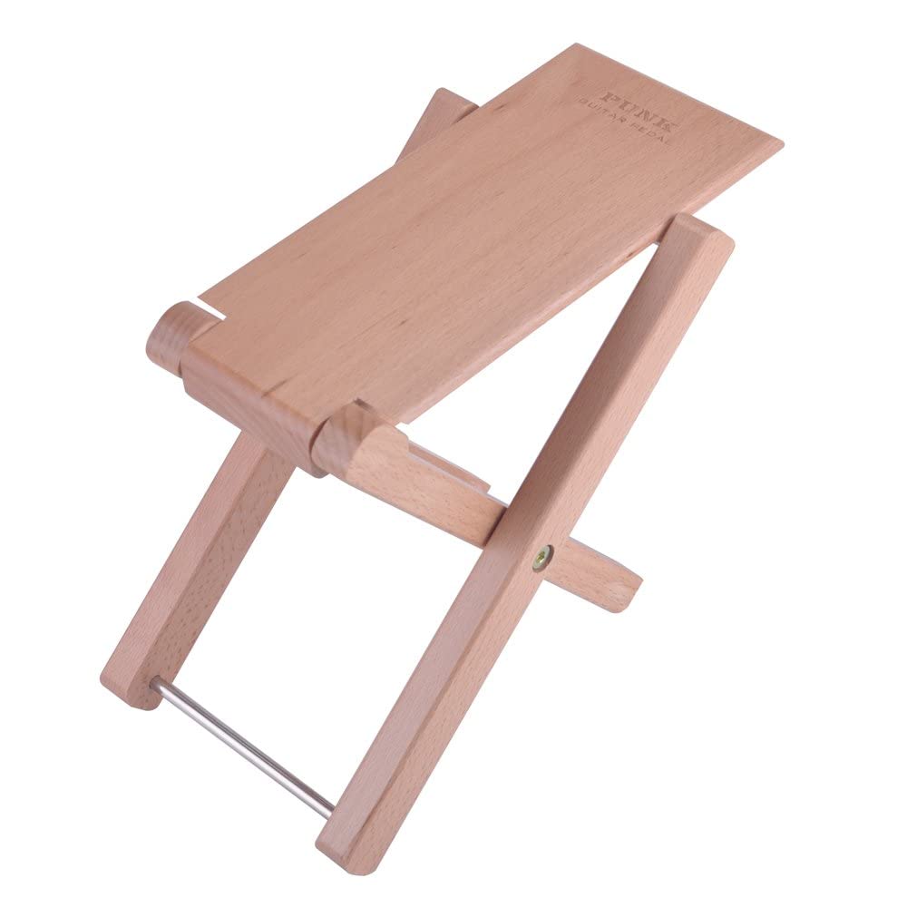 KingPoint Solid Beech Wood Guitar Footstool 4 Adjusatble Height Levels（Natural Wood）