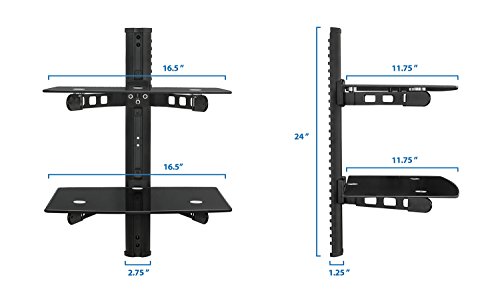 Mount-It! MI-817 Floating Wall Mounted Shelf Bracket Stand for AV Receiver, Component, Cable Box, Playstation4, Xbox1, VCR Player, Blue Ray DVD Player, Projector, Load Capacity 44 lbs, Two Shelves, Tinted Tempered Glass