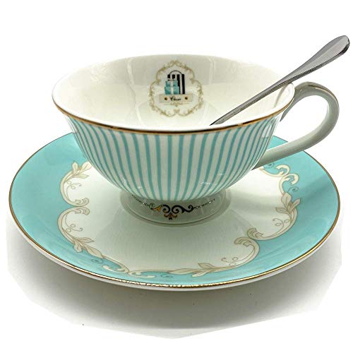Krysclove Vintage Blue Bone China Teacup Spoon and Saucer Set, Delicate Royal Bone China Coffee Mug Print Cup Ceramic Tea Cups (Stripe)