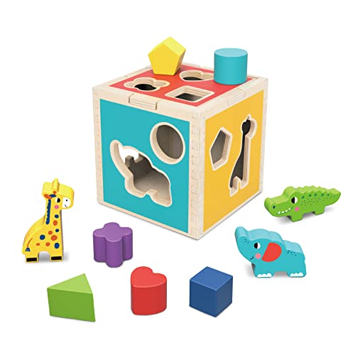 TOOKYLAND Wooden Shape Sorter Cube Toy, Wooden Animal Blocks Geometric
