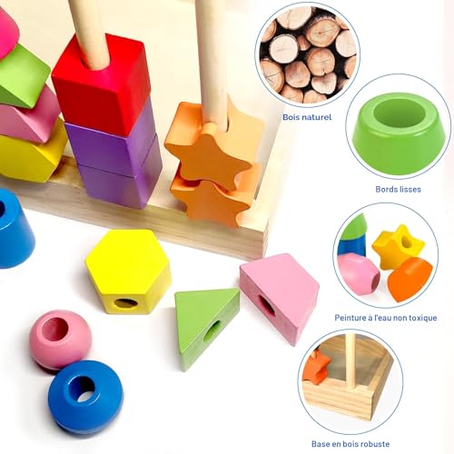 Chithor Montessori Games 3 in 1 Wooden Lacing Beads Toys, Stackable, Thread Toy, Sorting Toys, Activity Child Educational Game, Child Toy Gift Girl Boy 2 3 4 5 Years Old