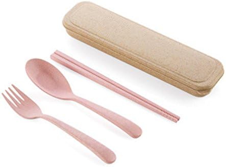 AMA(TM) 3PCS Portable Pocket Chopsticks Spoon Fork Diner Set Creative Students Outdoor Travel Camping Tableware Eating Utensil Spork Tool Kit with Case (Pink)