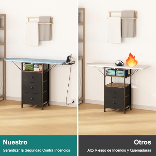 Uzelia Tabla de Planchar Plegable, 110×29×75cm, Burro de Planchar con Soporte para Plancha y Tres Cajones, Estructura de Hierro Más Estable, Adecuado para Salas de Estar, Dormitorios y Lavaderos