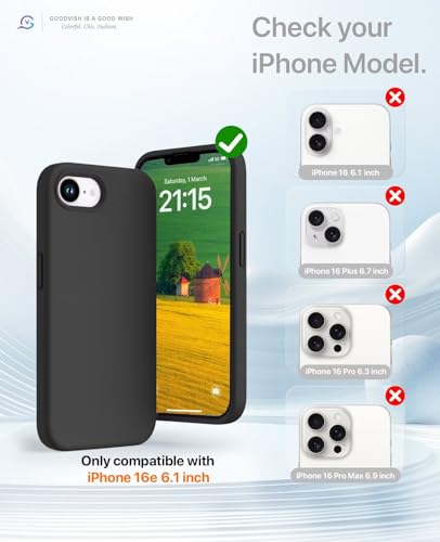 GOODVISH 3 IN 1 for iPhone 17e Case/iPhone 16e Case Liquid Silicone, [with 2 HD Screen Protector][Full Body] Protective Cover Anti Slip Slim Soft Microfiber Lining iPhone 17 e Phone Case, Black