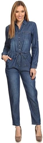 Womens Denim Long Sleeve Button Up Sexy Jumpsuit Stitching Casual - S