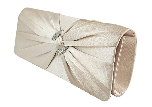 AITING Womens Satin Diamante Pleated Evening Clutch Bag Bridal Handbag Prom Purse (Champagne gold) - Thumbnail 2