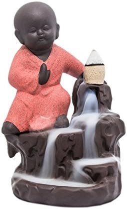 Incense Burner Holder Backflow Tower Cones Sticks Ceramic Porcelain Buddha Monk Ash Catcher- Orange