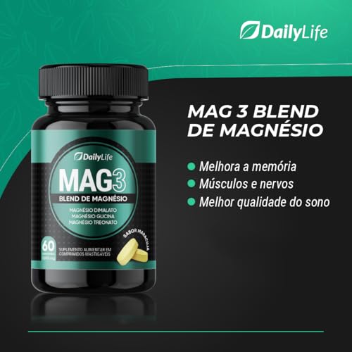 Magnesio Mag 3 Dimalato Treonato Glicina Magnesium 1000mg 100% Puro 60 Comprimidos Mastigaveis Sem Glúten Sabor Maracujá