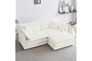 GNIXUU Deep Seat Sectional Sofa Cloud Couch with Ottoman, 76.7" Modern Chenille Comfy Love Seat Upholstered Modular L Shaped Couch for Living Room, Apartment, Office(Beige White).