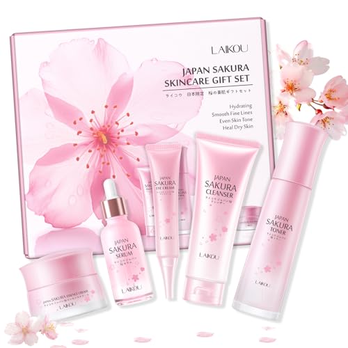 LAIKOU Sakura Skincare Set - 5-Piece Set with Cleanser, Toner, Serum, Eye Cream, and Essence Cream for Hydrating, Smoothing & Even Skin Tone for All Skin Types