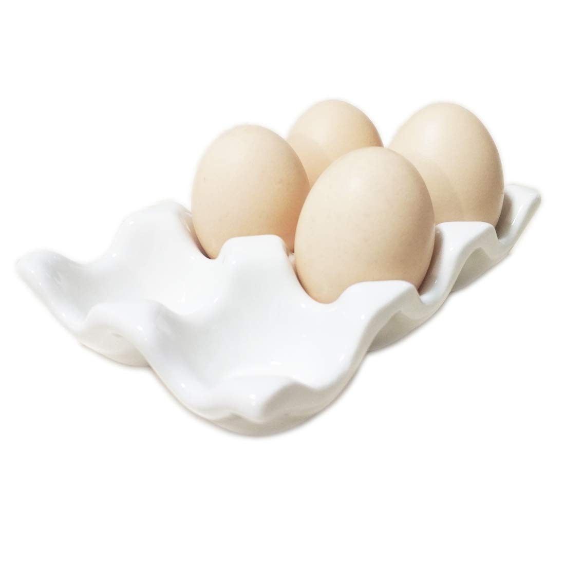Komfami Ceramic Tray Porcelain Fresh Egg Holder for Fridge Countertop Kitchen Storage, White, 13.593cm