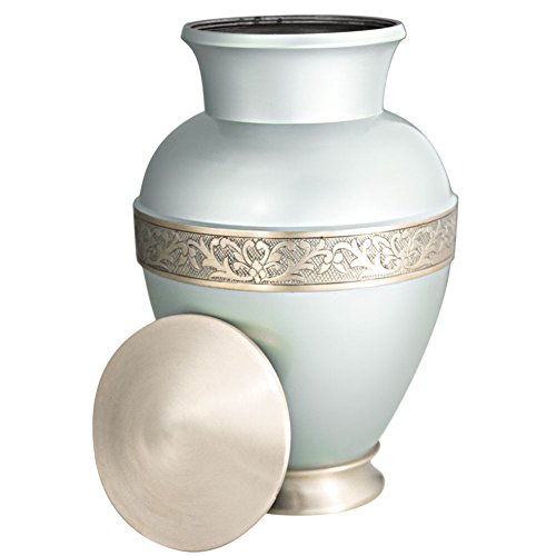 Funeral Urn by Meilinxu - Cremation Urns for Human Ashes Adults and keepsake Urns - Design is Hand Engraved in Brass - Display Burial Urns At Home or in Niche at Columbarium (Elsene Pale Blue Urn