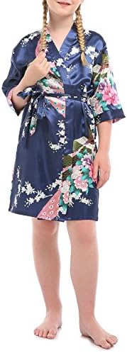 Girl's Satin Printing Peacock Kimono Robe for Wedding Birthday(8,Navy Blue)