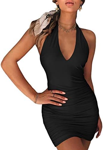 NAFOUR Women's Halter Backless Bandage Dress Low Cut Ruched Bodycon Cocktail Club Mini Dress