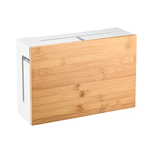 Bamboo Cable Management Box 32×20×11cm - Magnetic Lid - Cable Organizer Wall Mount with Accessories Included - Cable Storage Box for Office, TV and Home Office (White)