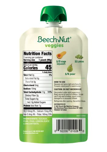 BEECH-NUT VEGGIES STAGE 2 BABY FOOD, SQUASH PEAS & PEARS, 3.5 OZ POUCH