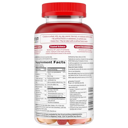 CENTRUM MULTIGUMMIES MULTI+ OMEGA 3 DUAL ACTION, ADULT MULTIVITAMIN, MULTIVITAMIN/MULTIMINERAL/OMEGA 3 SUPPLEMENT, STRAWBERRY/LEMON/ORANGE FLAVORS – 110 COUNT