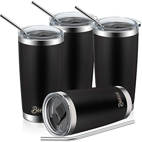 4 Pack 20oz Vacuum Insulated Tumblers, Bastwe Double Wall Stainless Steel Travel Mug with Lid and Straw for Home, Office, School, Works Great for Ice Drink, Hot Beverage (Black)