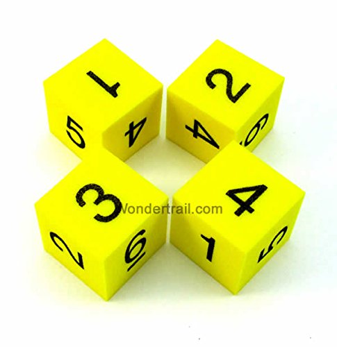 WKP13773E4 Number 1-6 Foam Dice D6 Yellow with Black Numbers 25mm (1in) Set of 4 Dice