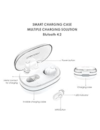 DACOM True TWS auriculares inalámbricos, Bluetooth 4.2 auricular con 1100 mAh estuche de carga cargada por Cargador inalámbrico USB Cable, mini IN EAR Sport HD de micrófono estéreo Dual sin complicaciones para gimnasio correr entrenamiento, Blanco