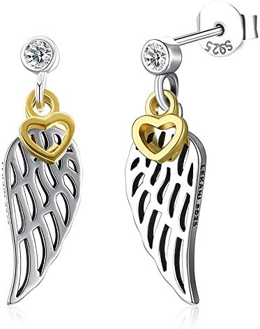 Silver Sterling Silver Angel Wing Drop Earrings Love Heart Ear Studs Valentines Day Present