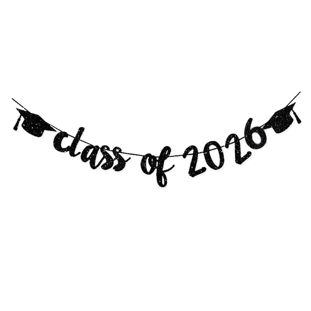 Class of 2026 Graduation Banners Party Decorations, Black Glitter Graduation Banners Garland for Congratulation Graduations Party Supplies, School, Home, Car Decorations