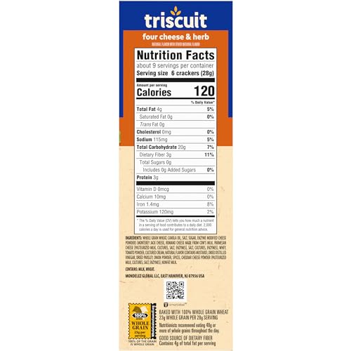 TRISCUIT FOUR CHEESE & HERB WHOLE GRAIN WHEAT CRACKERS, LUNCH SNACKS, SNACK CRACKERS, 8.5 OZ