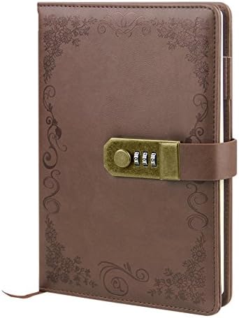 Hardcover Executive Notebooks Personal Organizer A5 PU Leather Locking Journal Digital Password Notebook Combination Lock Diary Retro Travel Lined Planner Agenda with Pen Loop 3 Card Slots 100 Sheet
