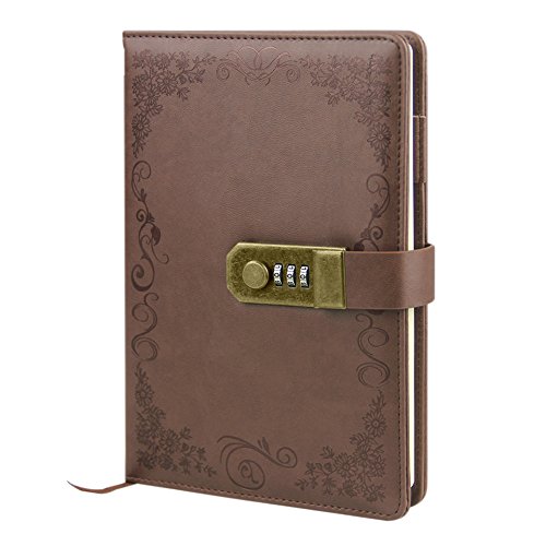 Hardcover Executive Notebooks Personal Organizer A5 PU Leather Locking Journal Digital Password Notebook Combination Lock Diary Retro Travel Lined Planner Agenda with Pen Loop 3 Card Slots 100 Sheet