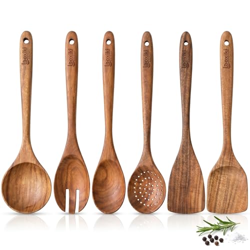 Boxiki Kitchen Luxury Teak Wood Utensil Set - Elegant 6-Piece Cooking Ensemble...