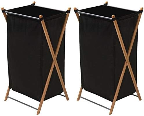 Household Essentials 6540-1 Collapsible Bamboo X-Frame Laundry Hamper | Bamboo Frame with Black Canvas Bag (Pack of 2)