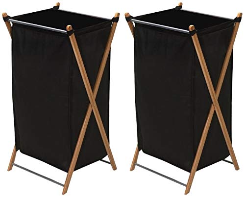 Household Essentials 6540-1 Collapsible Bamboo X-Frame Laundry Hamper | Bamboo Frame with Black Canvas Bag (Pack of 2)