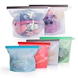 Reusable Silicone Food Storage Bags- Ideal for Snack, Lunch, Sandwich, Fruit, Vegetable, Stationery, Travel, Ziplock Sous Vide, Airtight and Microwave Freezer Dishwasher Safe, no BPA (Pack Of 6)