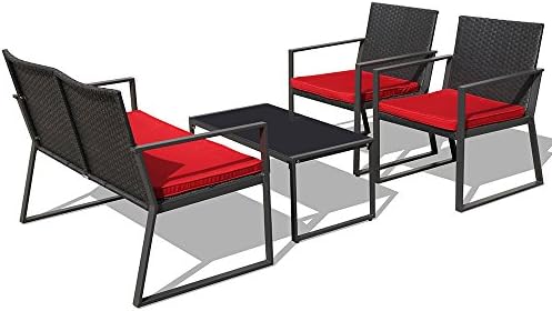 PATIOROMA 4-Piece Outdoor Patio Furniture Sectional Conversation Set, Black Wicker with Blue Cushions, Steel Frame (Red)