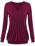Laksmi Women's Pleated V Neck Long Sleeve Breathable T-shirt Top