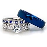 His and Hers 925 Sterling Silver Blue Sapphire Stainless Steel Wedding Rings Set Blue #SP24BLMSBL