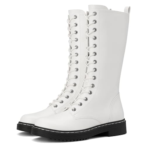 Rollda Women's Combat Boots Mid-Calf Boots Lace Up Side Zipper