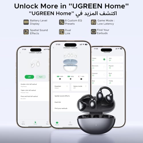 UGREEN ClipBuds, Open-ear Wireless Headphones with 4 Mic Clear Call Earbuds Clip on Earphones Bluetooth 6.0, App&Touch Control, IPX5 for Running Fitness, 30H Playtime, iOS&Android, Fit for S26 Ultra