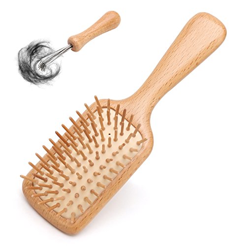 Natural beech wooden hair brush detangler wood paddle h…