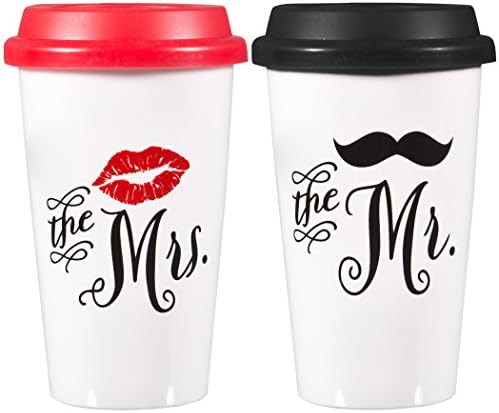 Ceramic Coffee tumbler set Traveler Insulated Mr. & Mrs. Mugs ~ 12 Oz. Double Wall Construction Insulation ~ Red & Black Silicone Lid