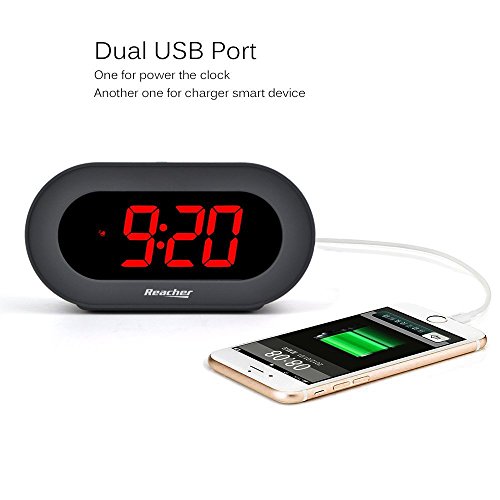 Reacher Digital LED Alarm Clock with USB Port Phone Charger, Snooze, Big Red Digits, Battery Back , Outlet Powered Clock Small for Bedrooms, Desk, Shelf