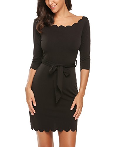 Zeagoo Women Classy 3/4 Sleeve Solid Boat Neck Scallop Slim Bodycon Belted Dress