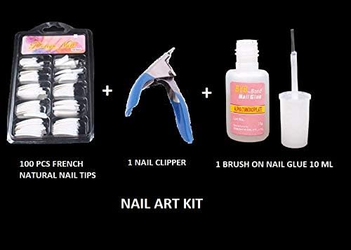 VIKSON 100 Pcs Natural White False Acrylic Nail Kit French Nail Tips; Nail Art Brush On nail glue Nail Shape Cutter Tools Kits Set To Build Gel Nails (NAIL KIT 3)