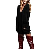 ZANZEA Women's V-neck Long Sleeve Pocket Loose Blouse Jumper Mini Dress Pullover Black US 16/ASIAN XL
