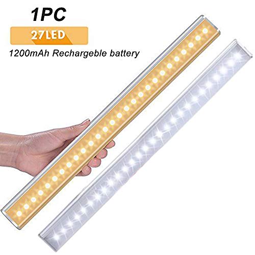 Motion Sensor Light, Wireless Rechargeable 27LEDs PIR Motion Activated LED Night Light Lighting Bar for Corridor Stairway Kitchen Cabinet Closet Drawer Under Counter Cupboard(Warm White)