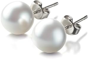 ISAAC WESTMAN Nickel Free Sterling Silver White Freshwater Cultured Pearl Stud Earrings, Hypoallergenic Earrings with Genuine Cultured Pearls, Flat Back Button Pearl Earrings