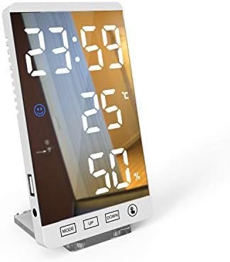 Digital Alarm Clocks with USB Charging Port,Temperature/Humidity,Adjustable Dimmer,12/24H,Snooze Modes, 6 Inch Large Display LED Mirror Electronic Clock for Bedroom Bedside Home Office-White