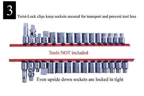 MLTOOLS Socket Organizer | Holds 90 Sockets | Twist Lock Socket Rail with Tray | Multi-Drive Universal Socket Boss Rail Set | Made in USA | T8252 (Blue & Red) - Thumbnail 2